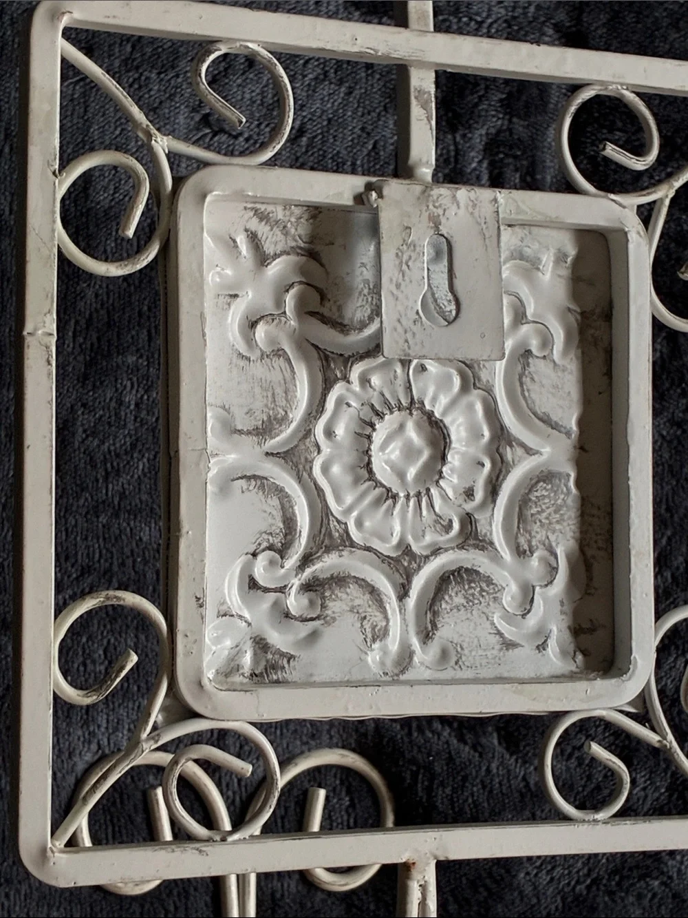 Ornate Cream Metal Wall Hook with Decorative Tile Accent